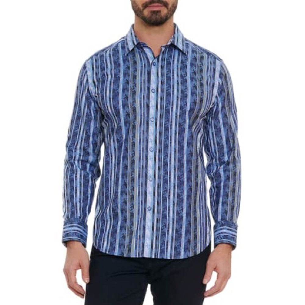 ROBERT GRAHAM Cotton Blue Jacquard Stripe Long-Sleeved Flip Cuff Dress Shirt XL